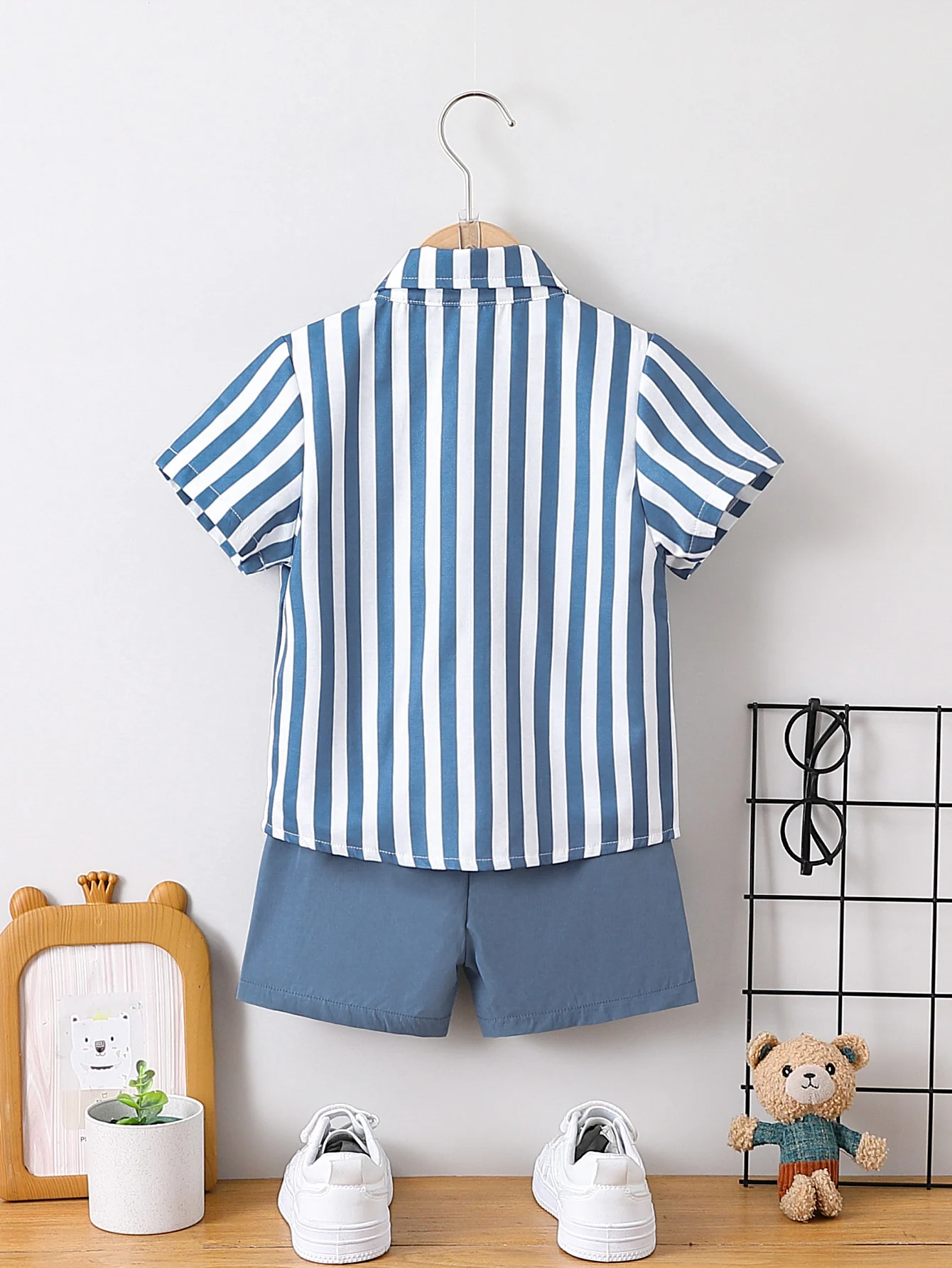 2pcs Summer Boys Blue & White Striped Shirt Set, Soft Style, Daily/Party Wear, Suitable for 1‑4Y, Breathable Fabric