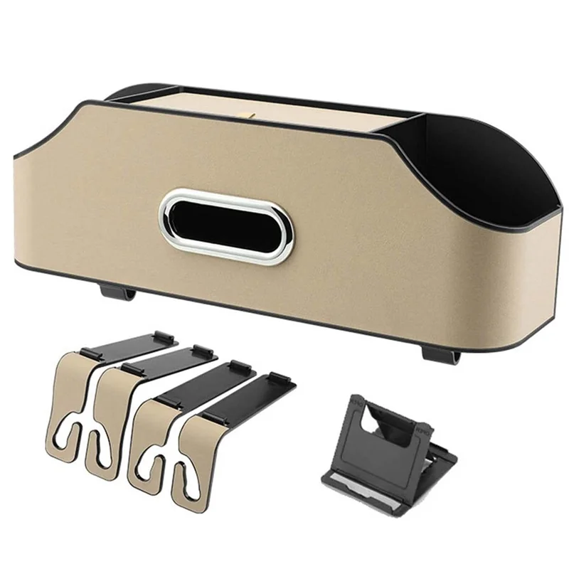 X59A_Car Organizador do banco traseiro do encosto de cabeça com 2 porta-copos, suportes para celular, ganchos e acessórios para caixa de tecido - bege