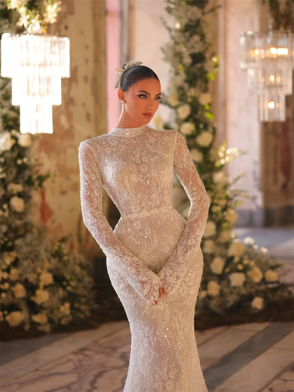 طوكيو مخصص أنيقة الرقبة العالية فساتين الزفاف كم طويل عارية الذراعين قطار المحكمة ثوب الزفاف الدانتيل الأبيض حورية البحر ثوب الزفاف #2