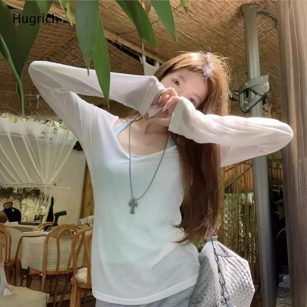 Sweet Summer Layered Two Piece Top Off Shoulder Sheer V Neck Long Sleeve Tee Halter Sling Camisole For Women