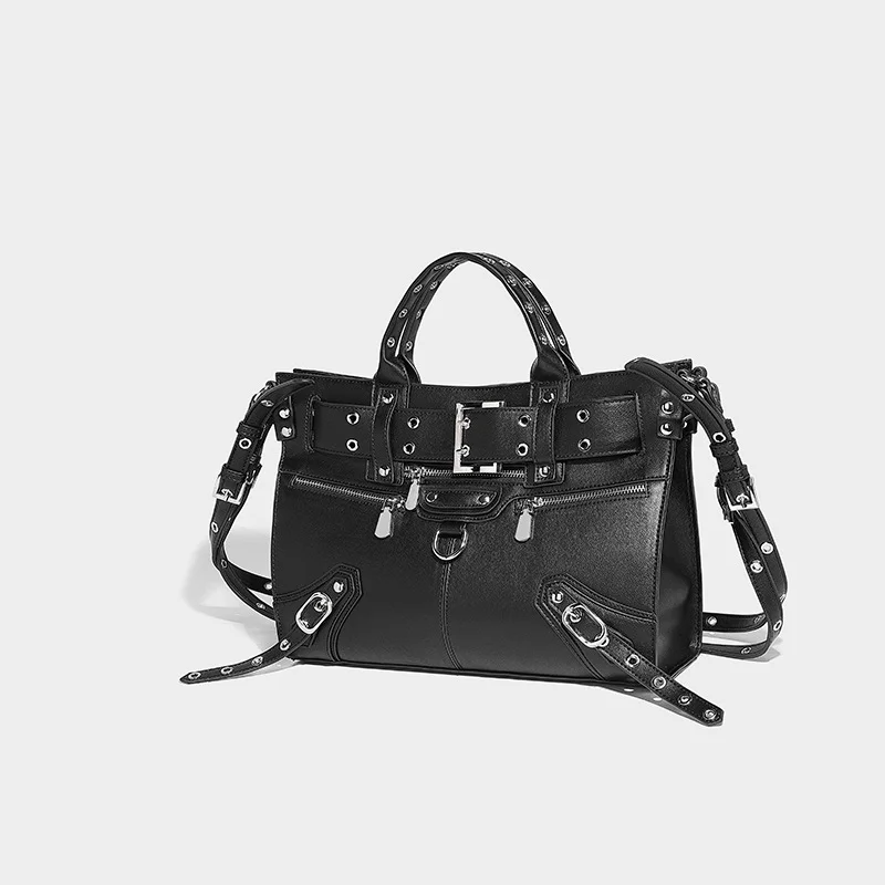 JIOMAY Women Black Goth Bag 2024 Fashion Woman Ladies Moto and Biker Style Shoulder Bag Rivet Belt Large Capacity Tote Bag