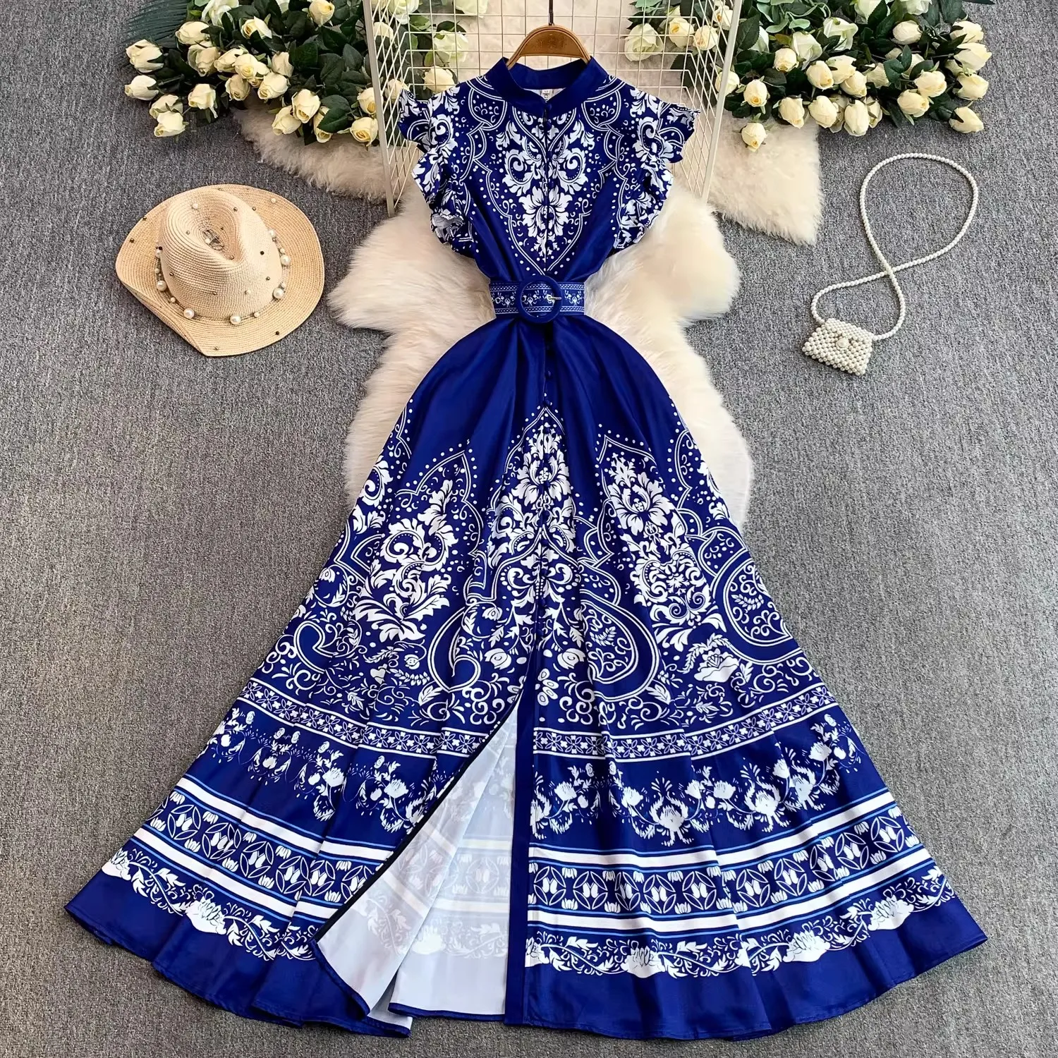 

Retro Vintage Flower Stand Collar Flying Sleeve Dr Womne's Waist-Cinching Print Belt Maxi Dress Commute Summer Dr