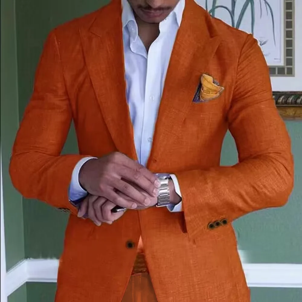 

Orange Men's Linen Summer Suits Slim Fit Peak Lapel Suits for Men Smart Casual Tuxedo Groom Wedding Groomsman 2-Piece Set