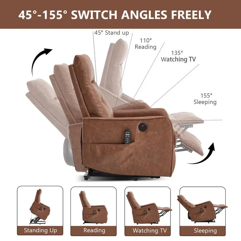كرسي استرخاء رفع الطاقة من البولي يوريثان باللون البني مع تدليك وحرارة لكبار السن، آلية حركة شديدة التحمل، منفذ شحن USB، أقصى للاستلقاء