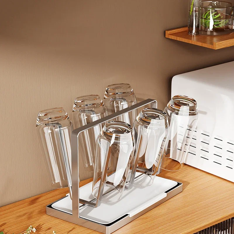 Stainless Steel Cup Holder With Water Tray Durable Anti-slip Glass Cups Stand Holder Household Dust-Proof Portable Cup Holder
