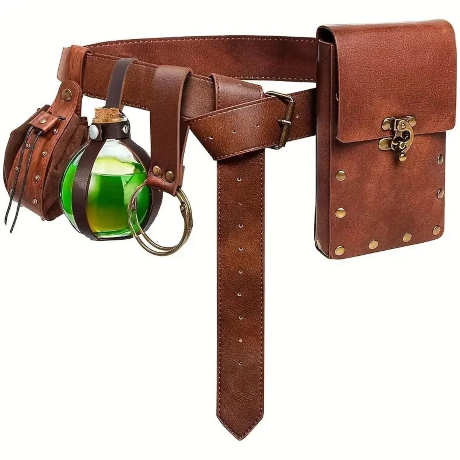 5PCS Renaissance Costume Accessories Leather Waist Belt with Bag Drawstring Coin Pouch Cork Potion Bottle Skirt Hike Clip for Cosplay