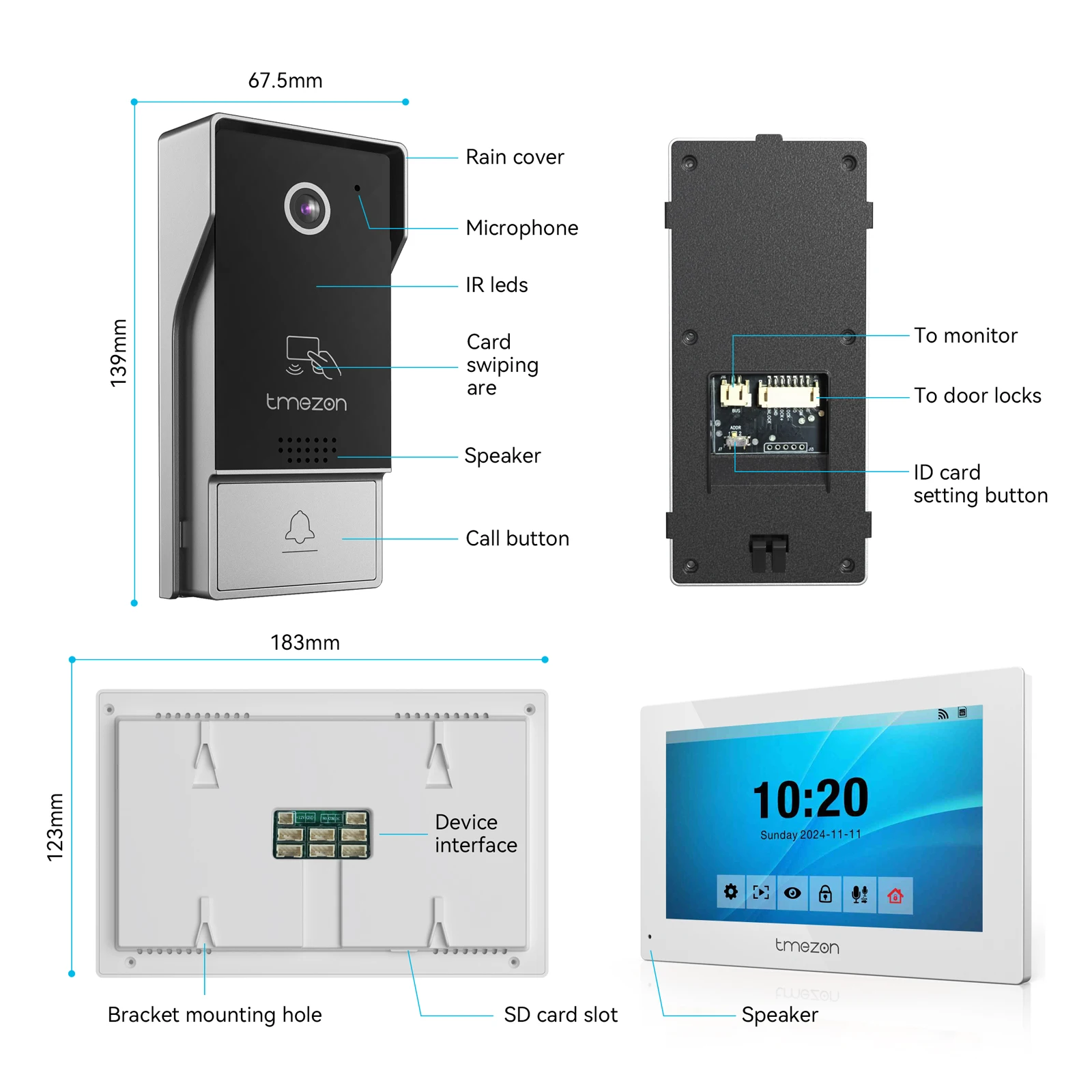 TMEZON 7 Inch Tuya App 1080P Wifi Smart Video DoorPhone Intercom System with  Wired Doorbell APP/Password/Card Swipe TouchScreen