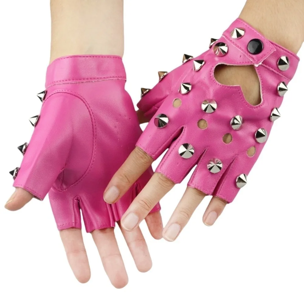 

Lolita Fingerless Rivet Gloves PU Leather Leopard Print Half-palm Gloves Gothic Y2K Patent Leather Gloves Hip-Hop