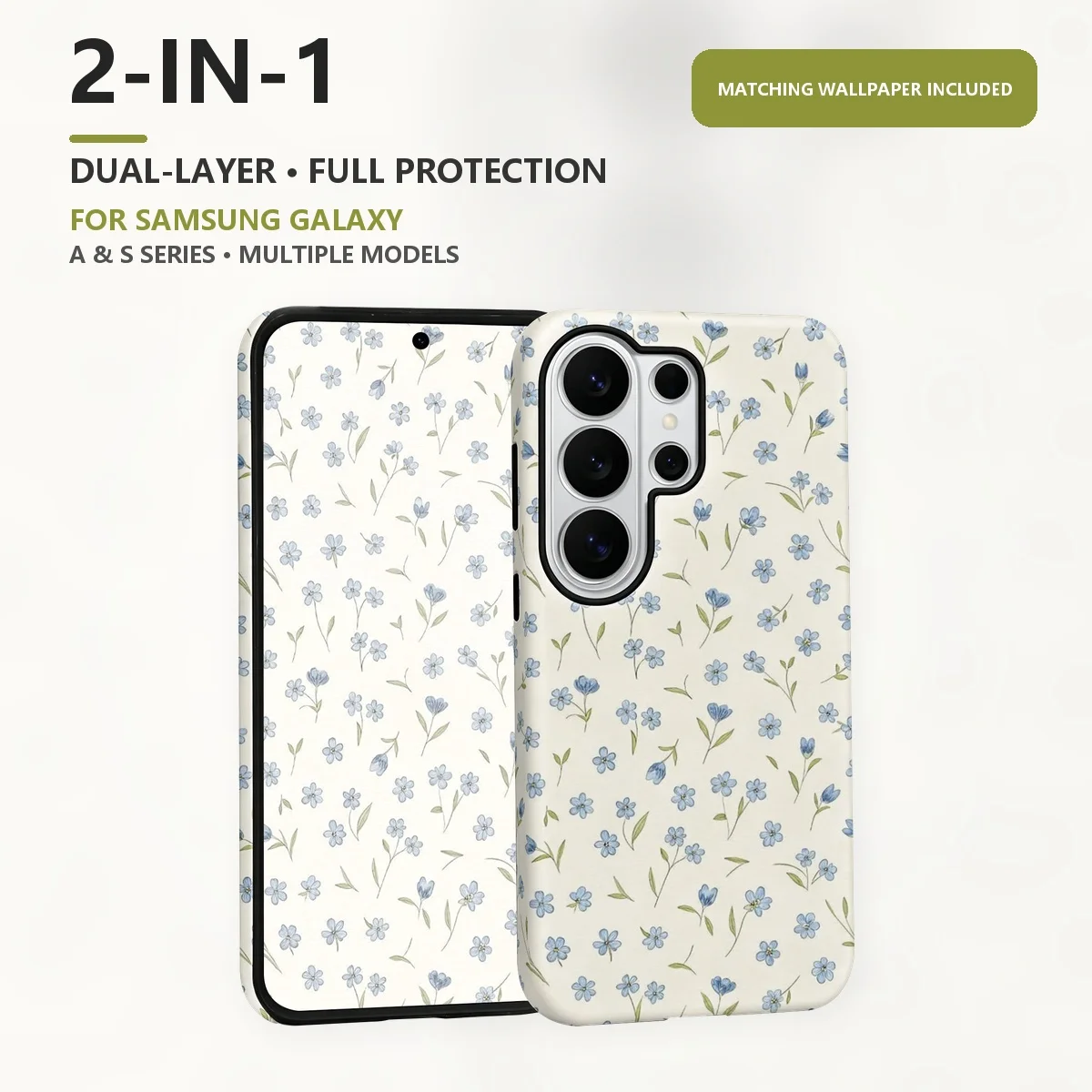 Blue Floral Print 2-in-1 Dual-Layer Phone Case for Samsung Galaxy S26 S25 S24 S23 S22 S21 Plus Ultra FE S20 FE A56 A17 A16 A15