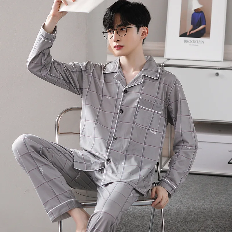 Fashion Men's pajamas Spring Autumn Long sleeve New Outwear Cotton Sleepwear Suit Winter Large Size Home Cloth Male Pyjamas