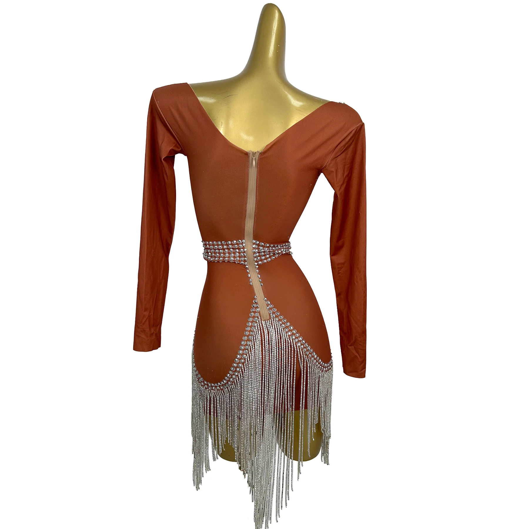 

Naicha Brown and White Rhinestone Fringe Long Sleeve Mini Dress with Deep V Neckline for Drag Queen Performances