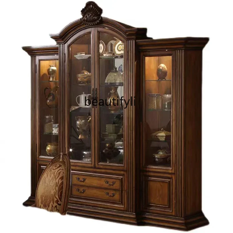 

European solid wood carving flower large four-door wine cabinet glass combination locker displayed against the wall side cabinet