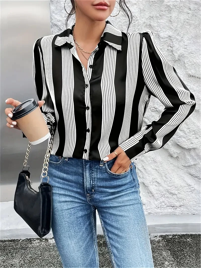 Elegant Women\'s Shirts & Blouses,Black Striped Print Simple Shirt,2024 Spring & Summer Plus Size Female Clothing Blouse Tops