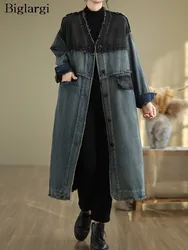 Denim jesienny płaszcz z dekoltem w serek kobiety moda retro luźne plisowane kurtki damskie z długim rękawem Casual kobieta ponadgabarytowe trencze