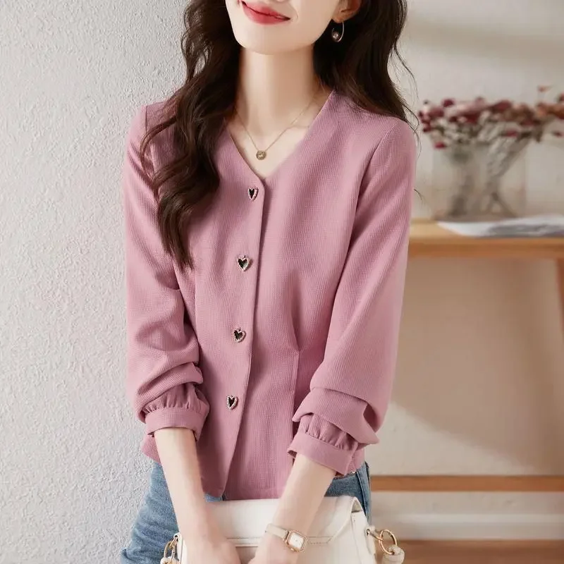 Camisa informal de manga larga con cuello en V para mujer, camisa elegante con botones, Color liso, para ir a la oficina, para primavera y otoño, novedad de 2023