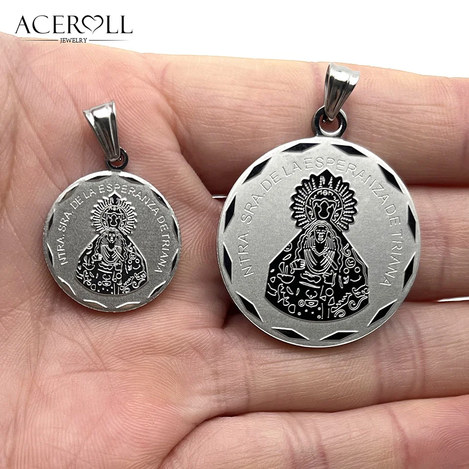 ACEROLL Stainless Steel Catholic Pendant with OUR LADY OF HOPE OF TRIANA Medal Virgin of Hope