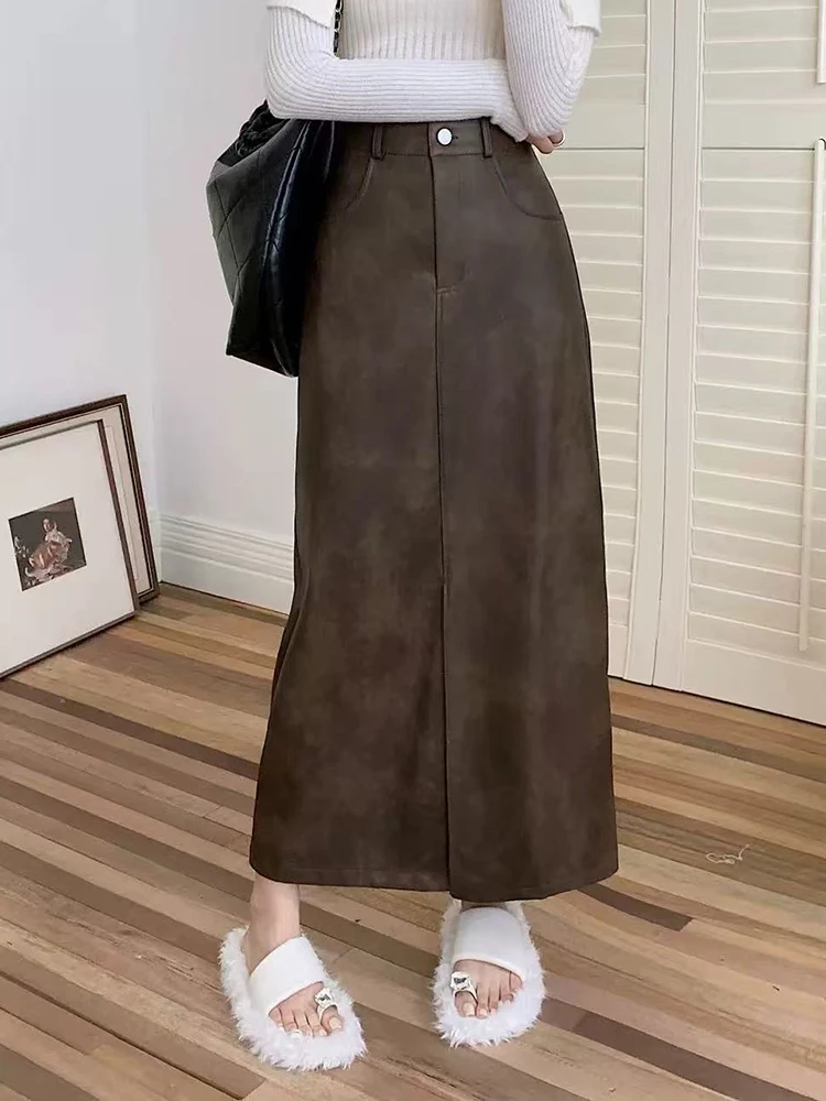 

Vintage Pu Leather Split Midi Skirts Women Y2K High Waist Streetwear All Match Hip Skirt Korean Solid Casual Ladies A Line Skirt