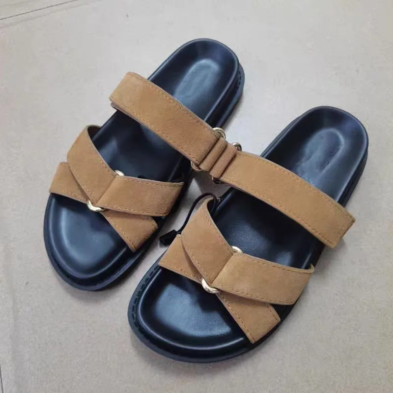 Zapatillas de suela plana para mujer, calzado elegante con punta abierta y cabeza redonda, suela gruesa, color marrón y negro, para ocio al aire libre