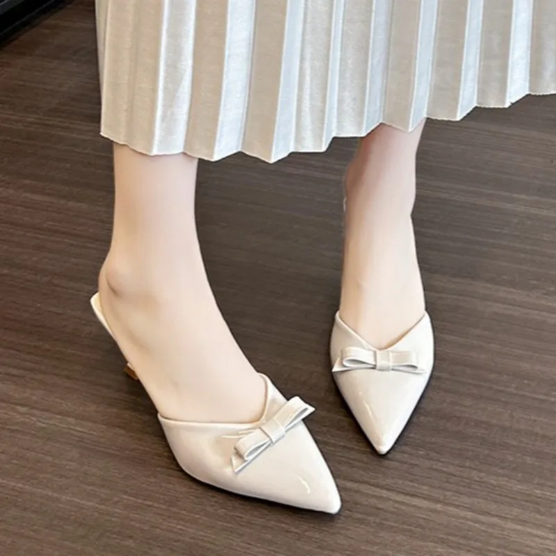 Sandalias de tacón alto para mujer, sandalias de charol de aguja 2025, verano al aire libre, sexy, con lazo, diseñador, punta cerrada, talla grande