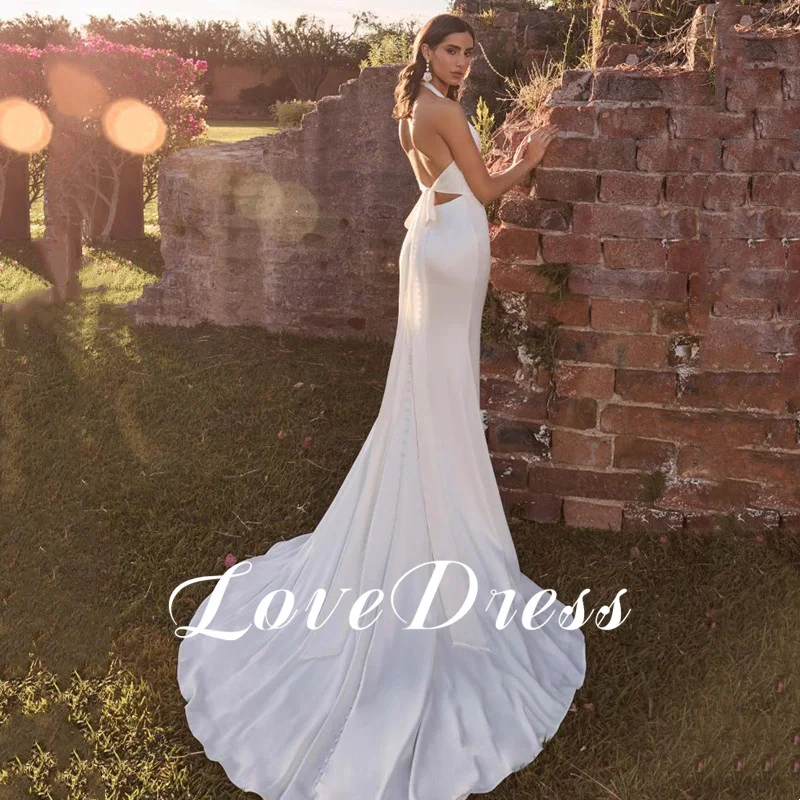 Modern Satin Mermaid Wedding Dress Simple Halter Bridal Gowns Sweep Train Sexy Deep V Neck Open Back Robe De Mariee Customized