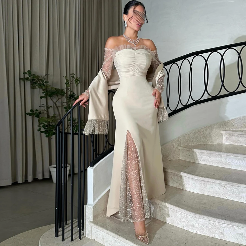 

Elegant Jersey Evening Dress Customized Mermaid Sparkly Strapless Long Sleeves Homecoming Dresses Luxury Special Occasion Gowns
