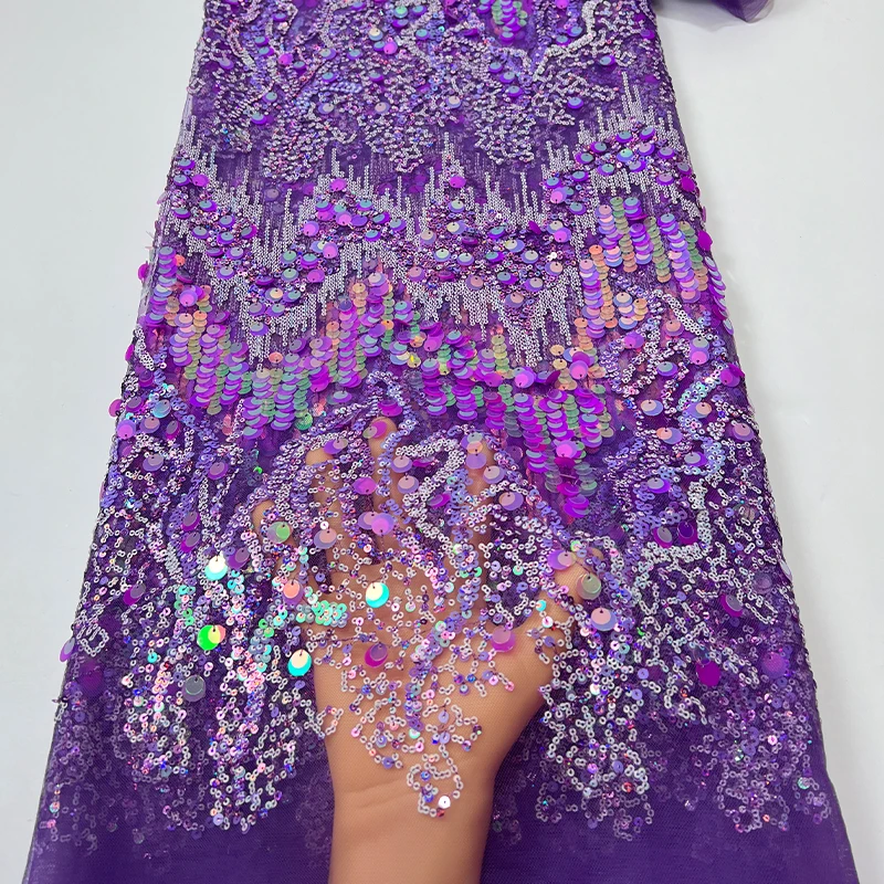 French luxurious lace mesh fabric, African high-quality large sequined willow sequined embroidered lace fabric for evening gowns