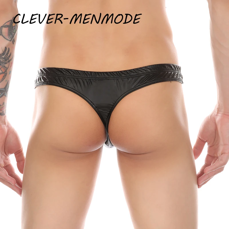 CLEVER-MENMODE, bragas sexis suaves sin costuras para pene, Tanga elástica de PU, anillo de Metal, ropa interior decorativa, Tanga para hombre Mankini