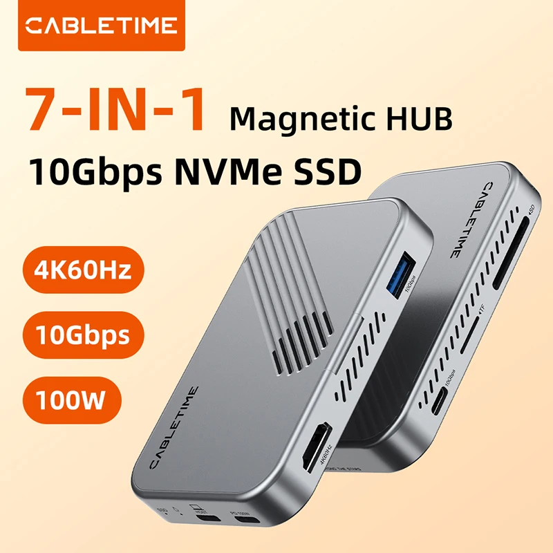 

CABLETIME 7-in-1 USB C Hub with NVMe SSD Support 4K ProRes Video Recording SD/TF 3.0 Strong Magnetic Attachment for iPhone 17