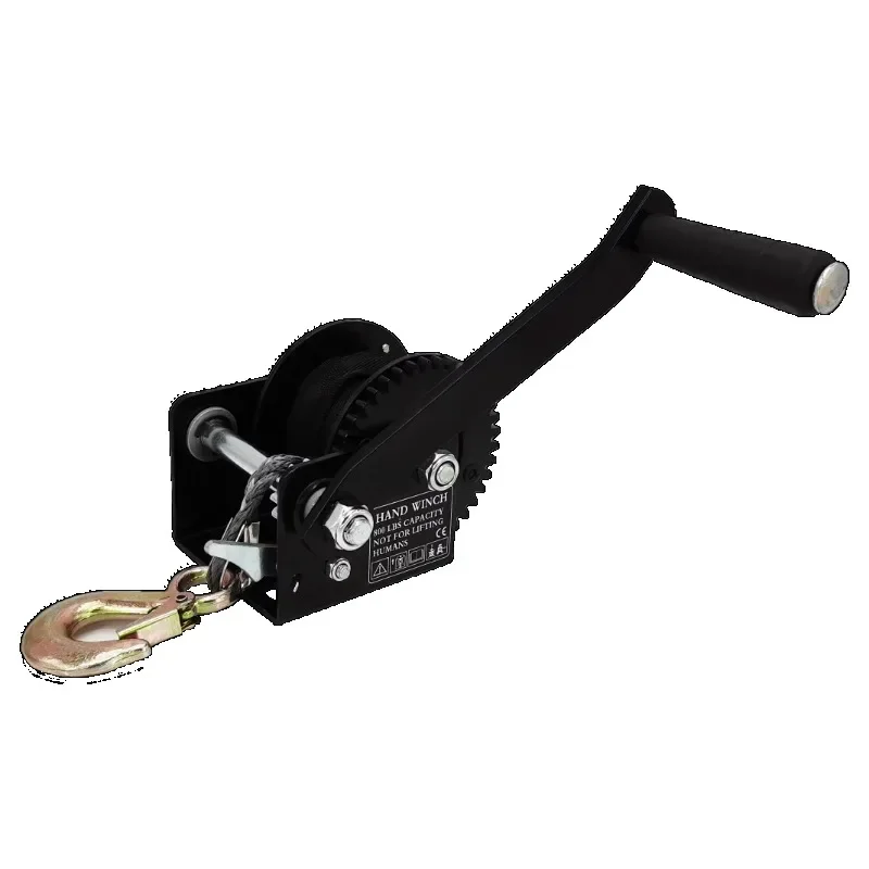 

High Quality Black Mini Manual Portable Hand Winch 600LB Hand Crank Small Winch with Synthetic Rope Gear Ratio 3.2:1