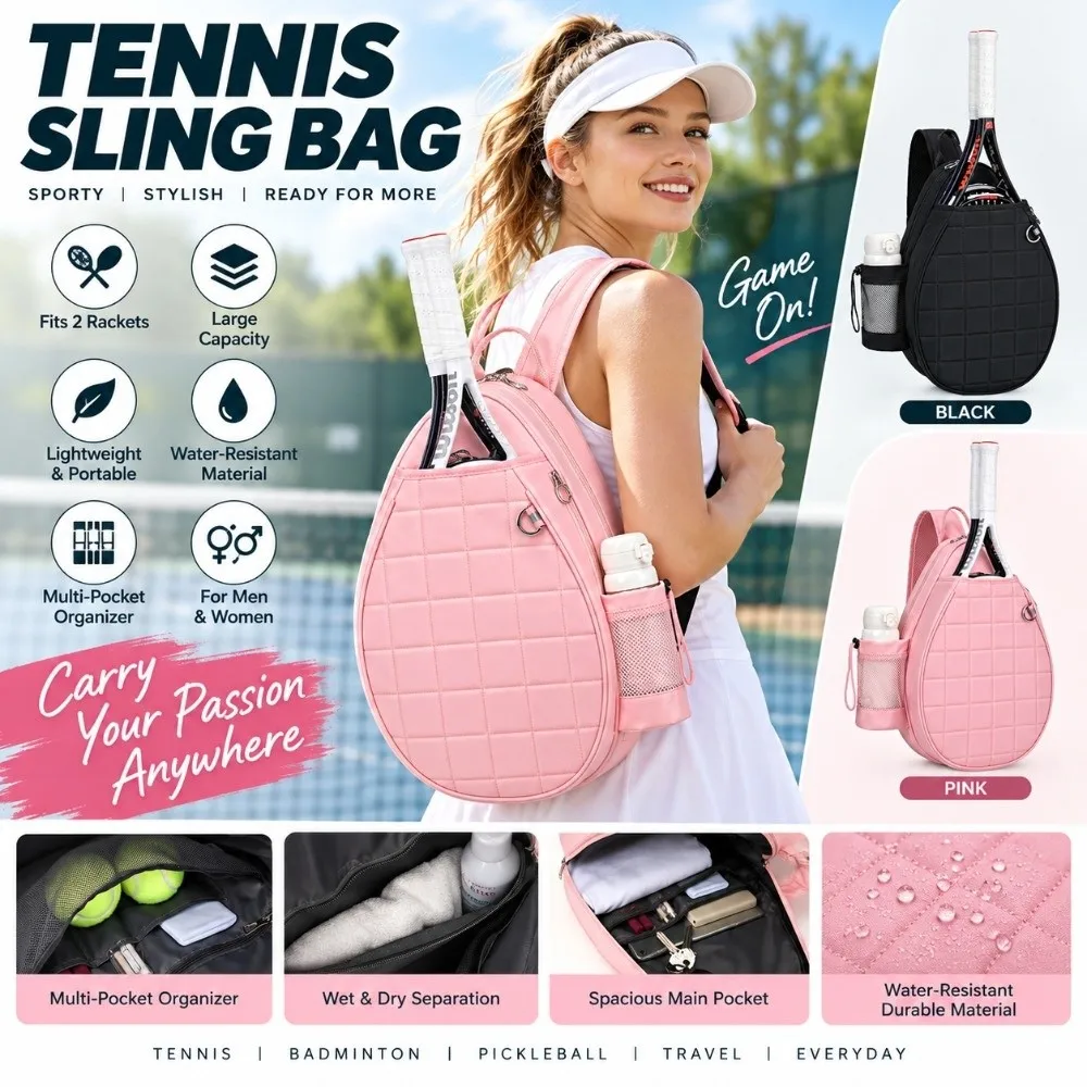 Lightweight Tennis Racket Bag Foam Padded Waterproof Racket Sling Case Wet Dry Separation Large Capacity Pickleball Racket Bag