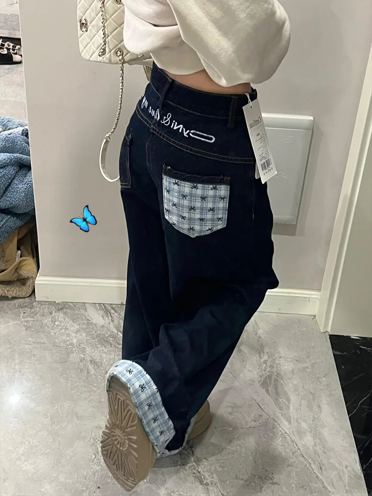 

American High Street Design Plaid Patchwork Loose Wide Leg Jeans Women's Spring New Sle Floor-Length Pants
