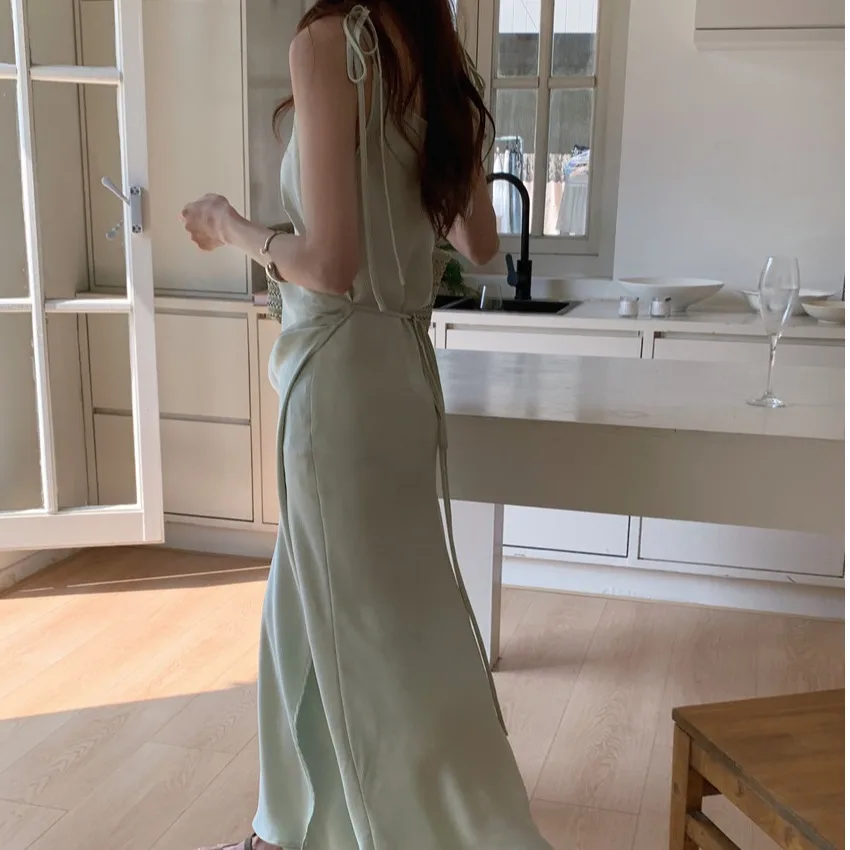 Été soie Satin enveloppement taille Strapl Dr femmes Faion Ele jupe plissée évider Ne longue robe t-shirt couleurs