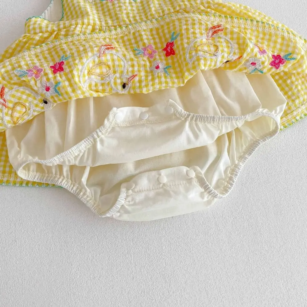 

Sleeveless Design Baby Girl Romper Dress Duck Print Yellow Gingham Cotton Romper Floral Embroidery Cotton Material