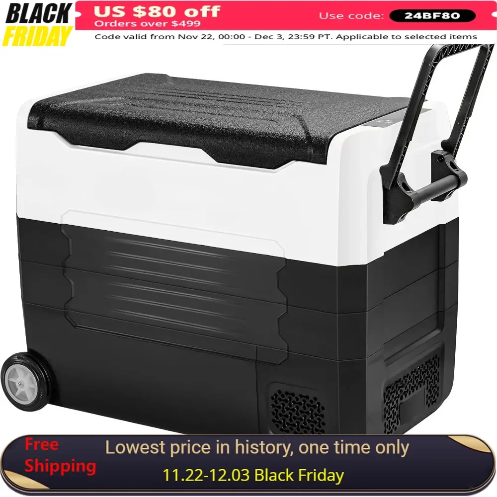 

Car refrigerator with wheels, 58 quart dual zone electric cooler, equipped with 12V/24V DC, 100-240V AC, -4 ° F to 50 ° F