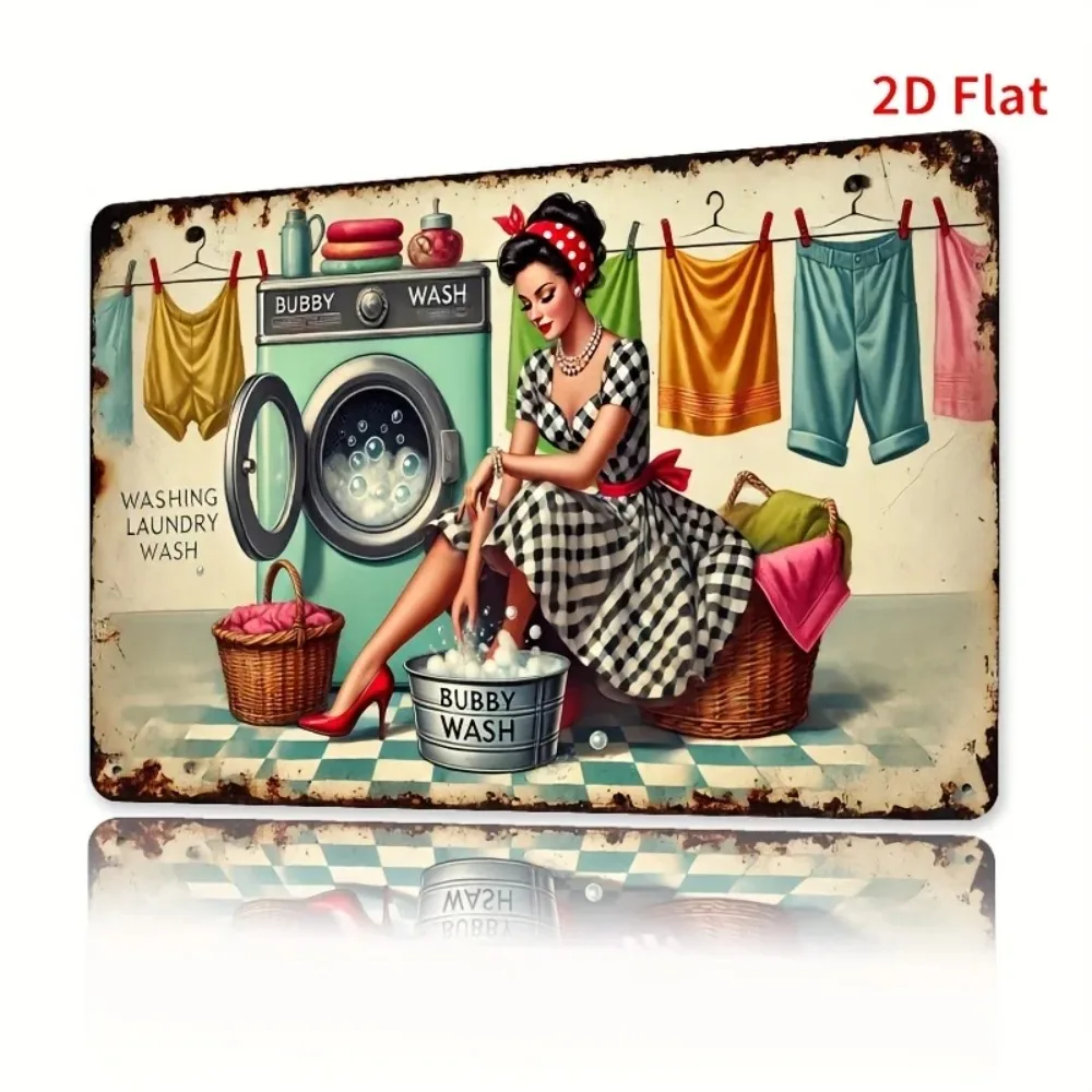Aluminum Metal Sign Vintage Laundry Plaque, Retro Pinup Lady Washing Machine Clothes Print Vintage Distressed Wall Ornament