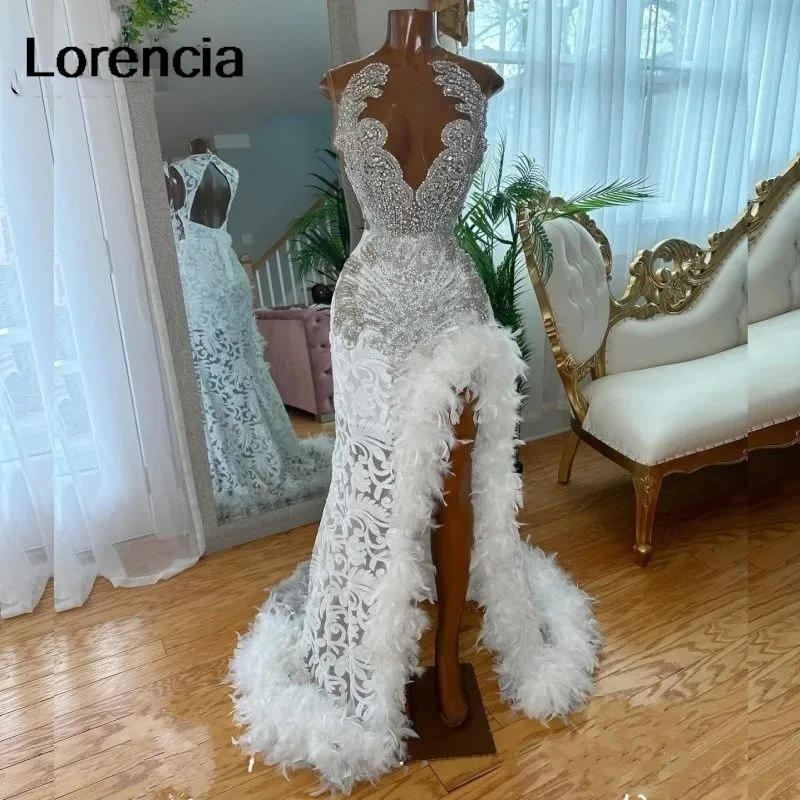 Lorencia-vestido de graduación de sirena blanca con purpurina para niñas negras, vestido de fiesta de cumpleaños con cuentas de plumas de cristal, abertura alta, YPD63