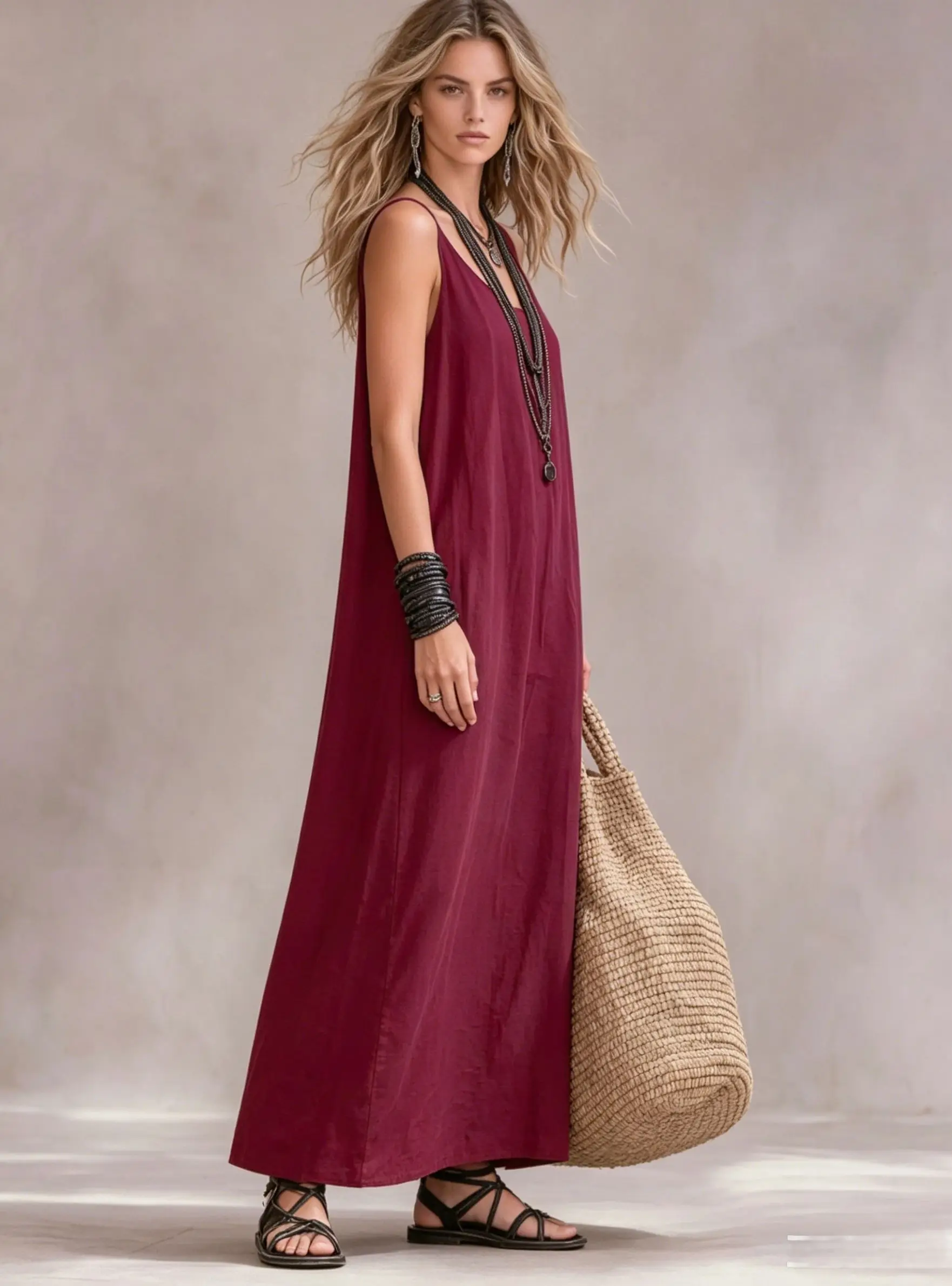 Damen Fließendes Ärmelloses Langes Kleid Lässiger U-Ausschnitt Locker Sitzendes Maxikleid Vielseitiges Sommer-Urlaubs-Party-Pendler-Outfit – Detail 18