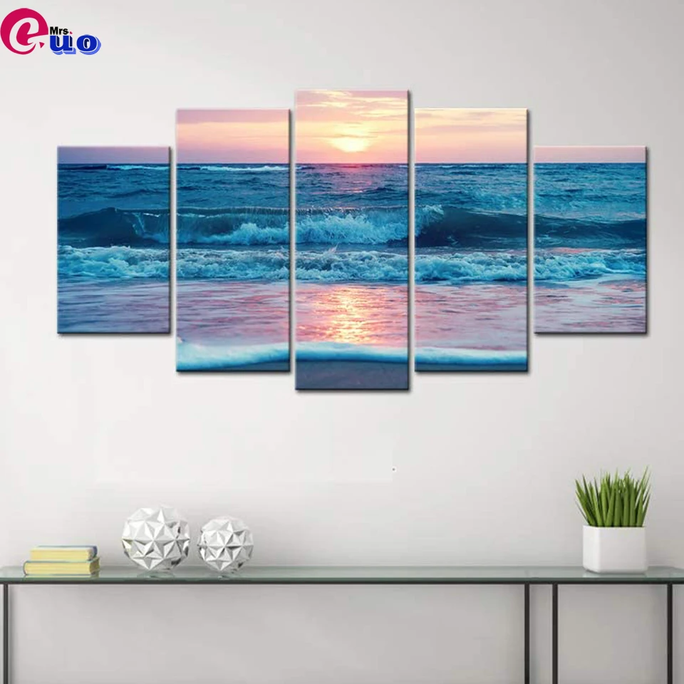 

Diamond Painting Cross Stitch 5 Pieces Blue Ocean Seascape Artwork Beautiful Beach Sunset Multi-Picture Diamond Embroidery