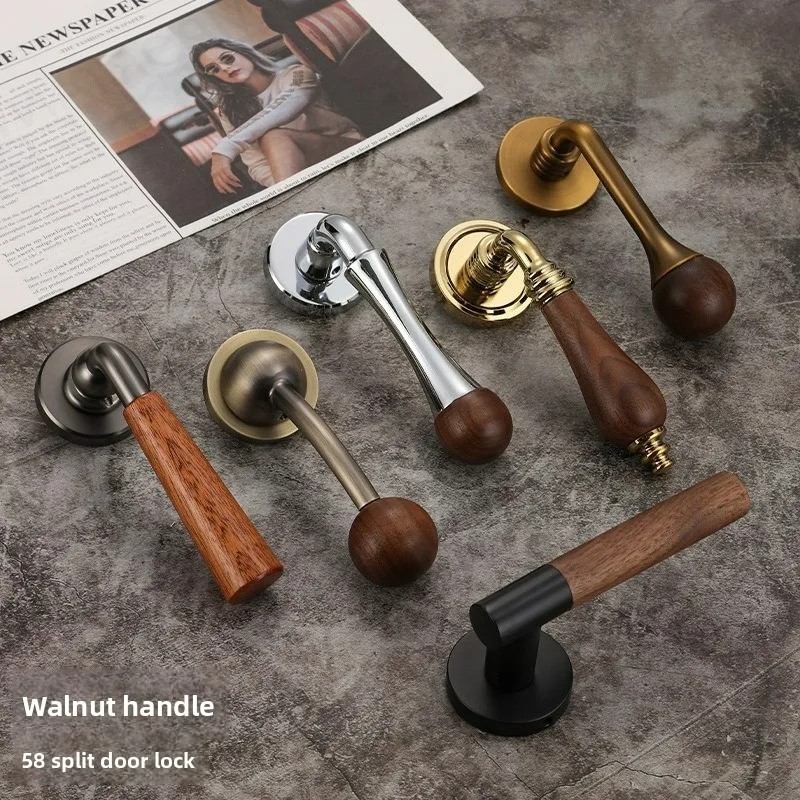 Walnut Retro Wooden Style Bedroom, 58 Split Door Lock, Wooden Handle, Door Handle, Household Silent Door Lock