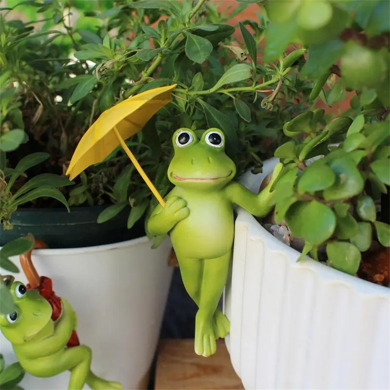 Garden Frog Statues Set Of 2 Resin Frog Sculpture With Umbrella Flower Pot Accessories Animal Ornaments Landscaping Figures For