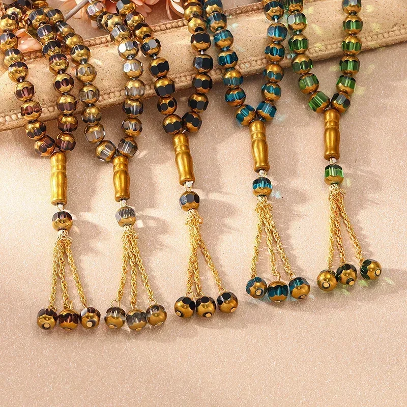 Vintage Multi-color Muslim 10mm Glass Ball Beaded Bracelet Men and Women Fashion Charm Handmade Hundred Pendant Jewelry