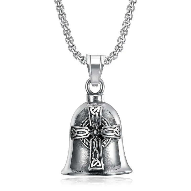 Celtic Cross Bell Motorcyclist Pendant Necklace Motorcycle Bell Riding Exorcism Accessory