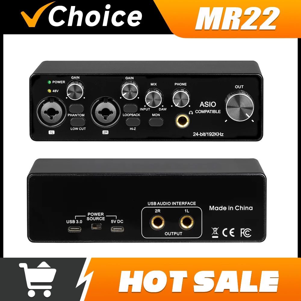 Звуковая карта MR22 2x2 USB Audio Interface, 24 бит, 192 кГц, ASIO, с фантомным питанием 48 В для записи, прямых трансляций и подкастов.