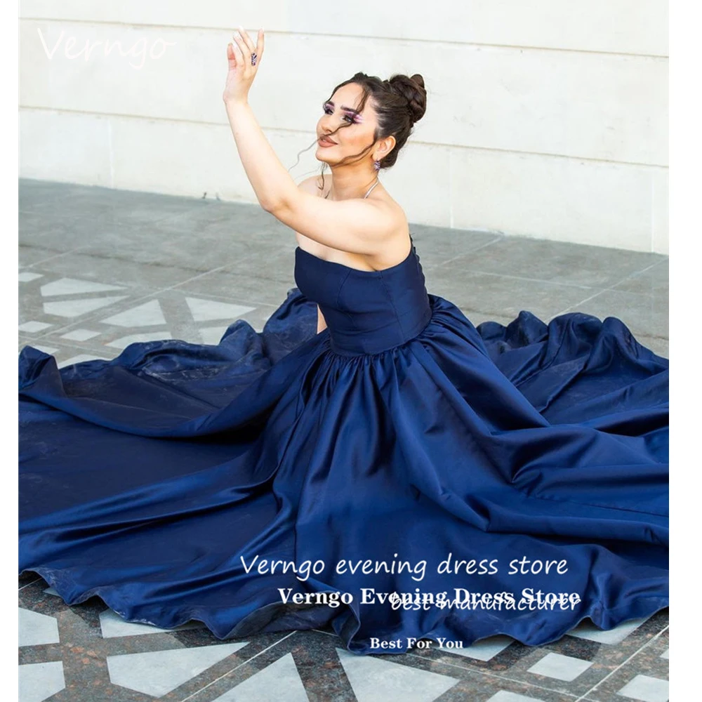 

Verngo Strapless Simple Navy Blue Satin Evening Dresses Dubai Arabic Women Party Dress Formal Prom Gowns Abendkleider 2023