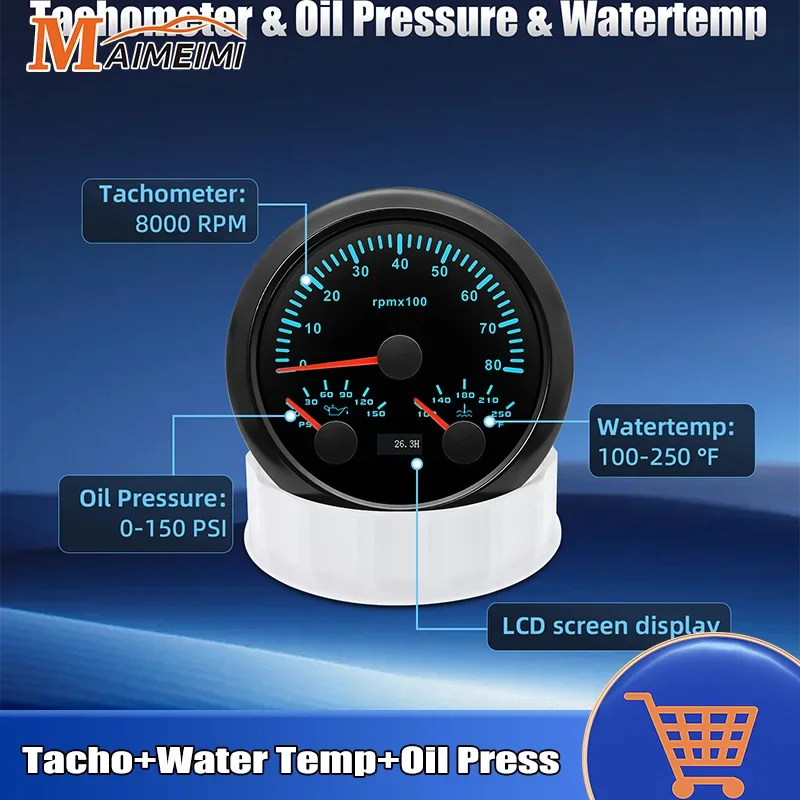 Universal 85mm 7 Colors Backlight Tachometer 8000rpm + Oil Press Gauge PSI + Water Temperature Gauge for 12V 24V Car Boat Marine