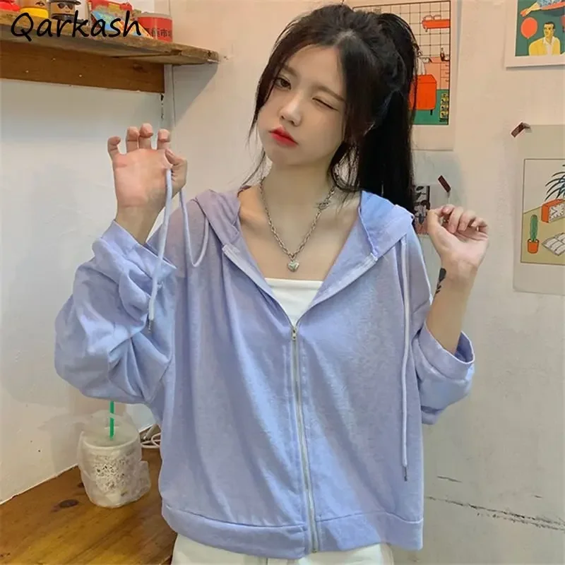 

Hooded Jackets Women Sun-proof Pure Summer Outwear Basic Korean Style Breathable Zip-up Temper Streetwear Casual Simple Mujer