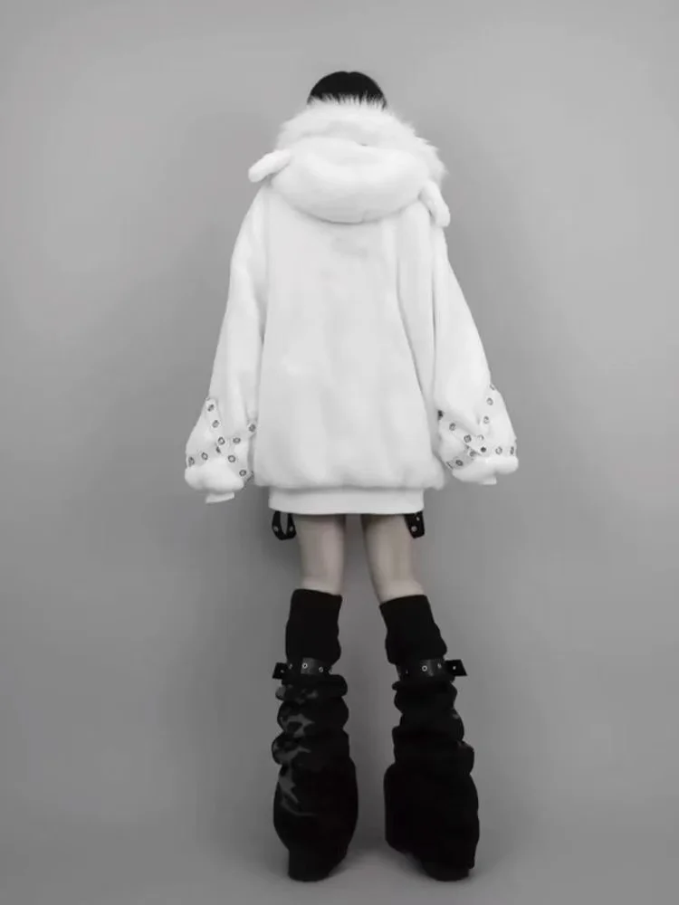 Dark Black Punk Eco Hooded Fur Women's Winter Thicken Coat Girls Oversized Warm Jacket Harajuku Street Y2K Overcoat with Hat