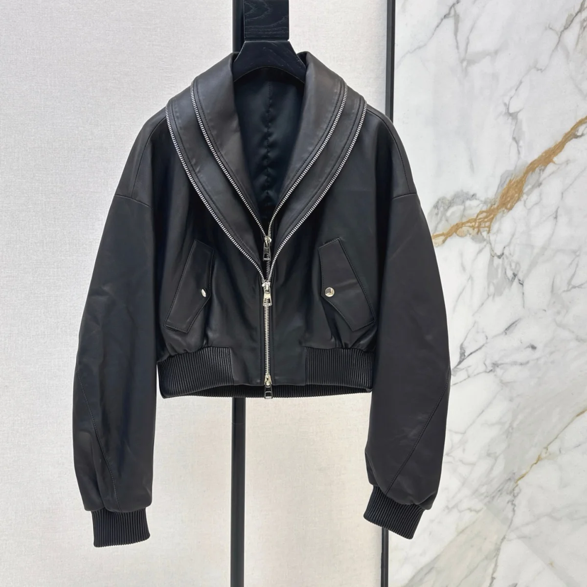 2026 high-quality women's short imitation leather motorcycle jacket with double metal zipper placket--hb804
