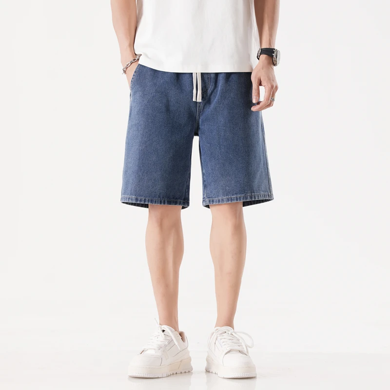 Men's Casual Loose Fit Denim Shorts Summer Drawstring Waist Straight Leg Jean Shorts for Men