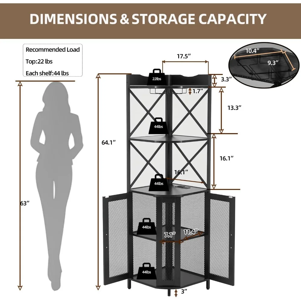 خزانة بار النبيذ المضاءة LED مكونة من 5 طبقات مع مخرج طاقة وحامل زجاجي وأثاث بار منزلي على الطراز الصناعي #2